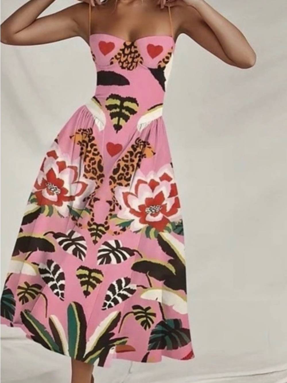 Leopard Flowers Print Cutout Detail Linen Blend Dress Linen Blend Midi